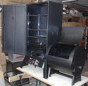 Vertical smoker shop with offset firebox